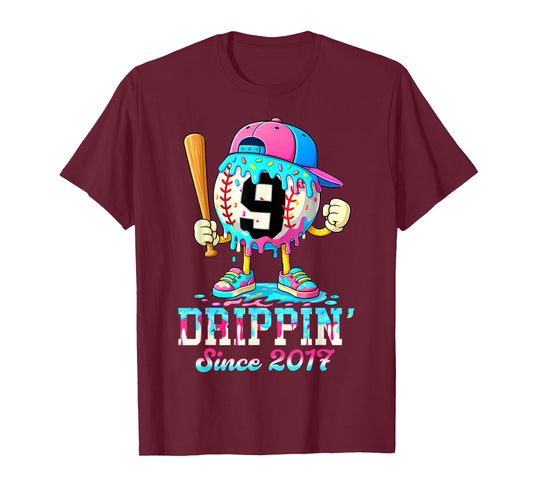 Baseball 9 Years Old Since 2017 Ice Cream 9th Birthday Boys T-Shirt