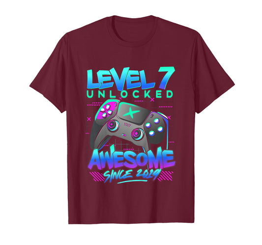 Kids Level 7 Unlocked Awesome Since 2019 7th Birthday Gaming Boy T-Shirt