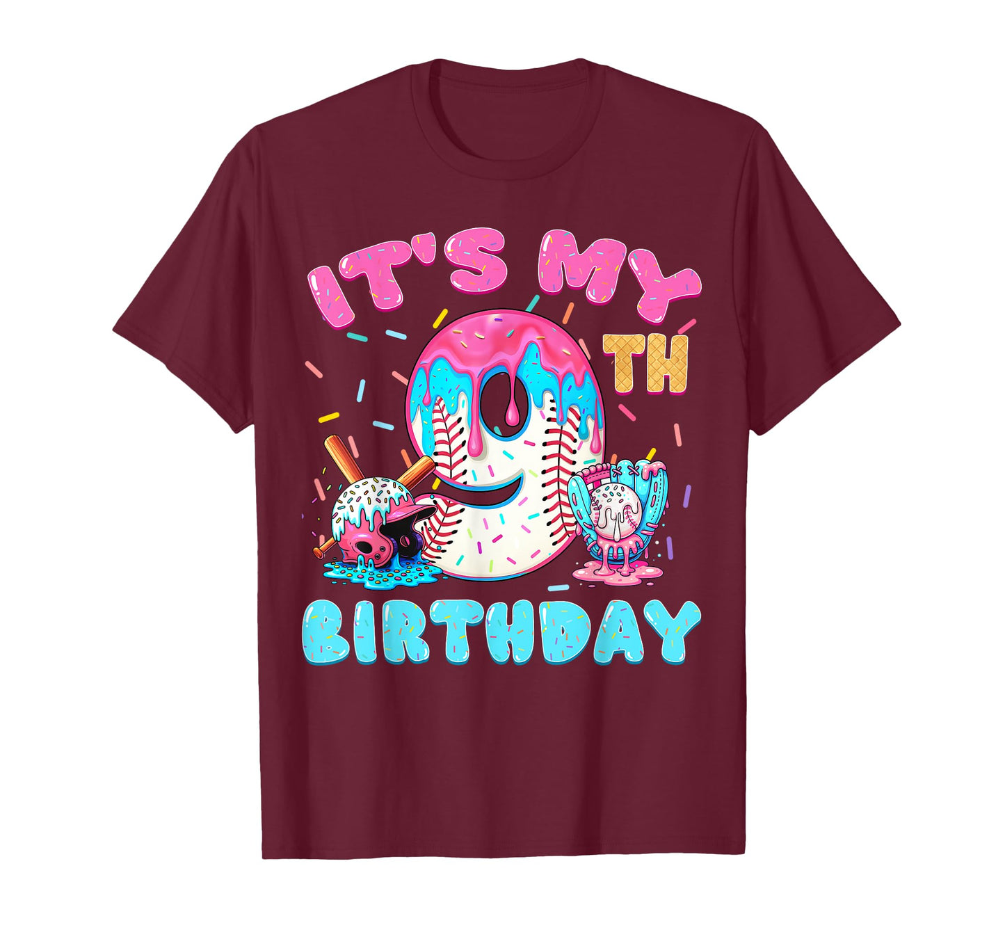 Baseball 9 Year Old Ice Cream Drip 9th Birthday Boy Number 9 T-Shirt