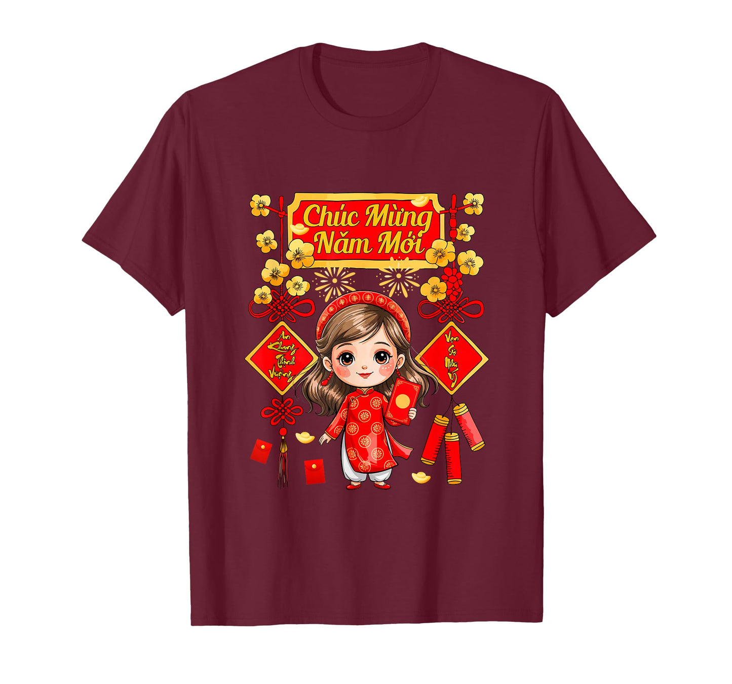 Mung NAM Moi New Year Vietnamese Kid Girl Wearing Ao Dai T-Shirt