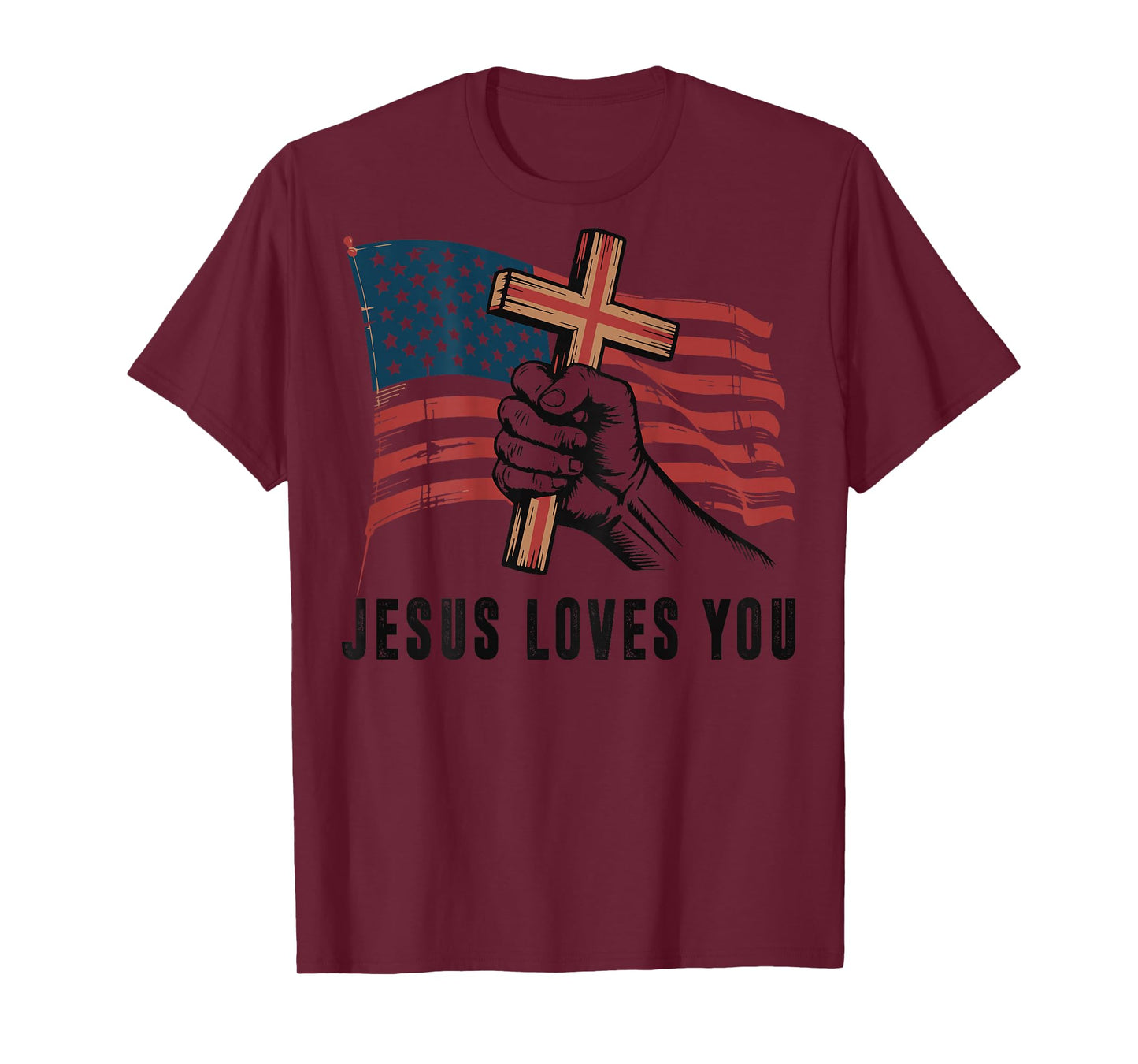 Mens Jesus Loves You Christian Patriotic Cross American Flag T-Shirt