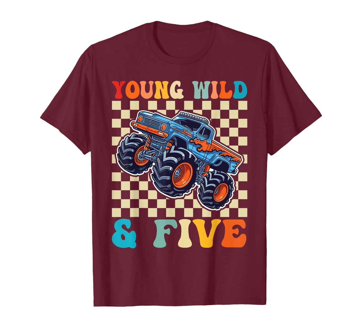 Kids 5th Birthday Monster Truck Young Wild and Five 5 Year T-Shirt