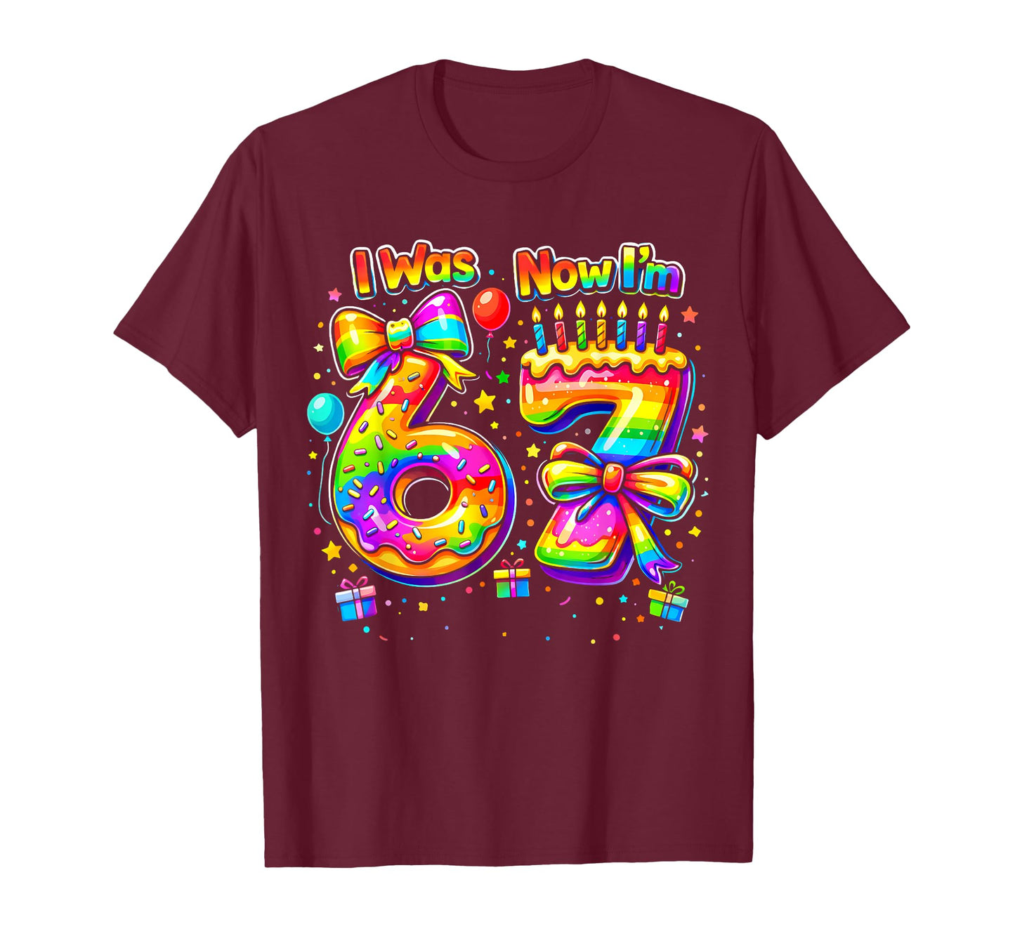 7th Birthday Girls I was 6 Now I'm 7 Years Old Kids Rainbow T-Shirt