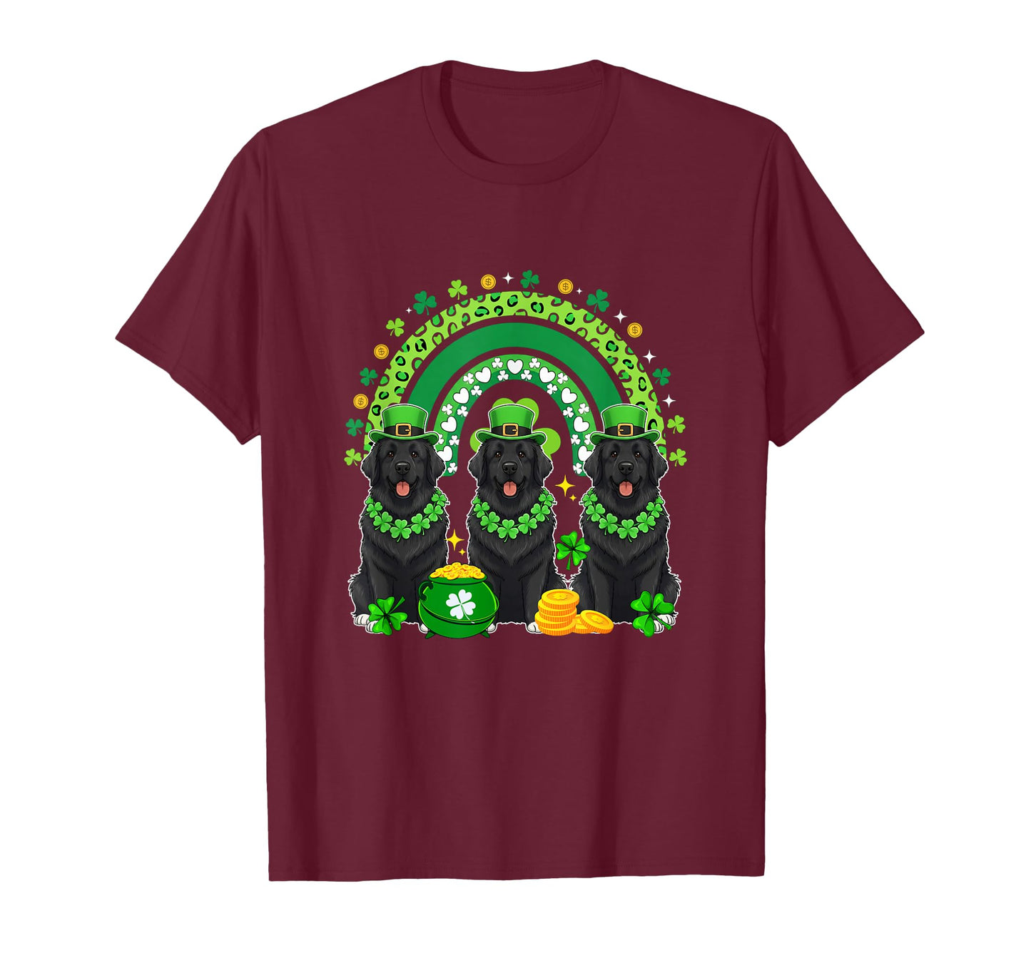 Three Cute Newfoundlands St. Patrick's Day Shamrocks Rainbow T-Shirt