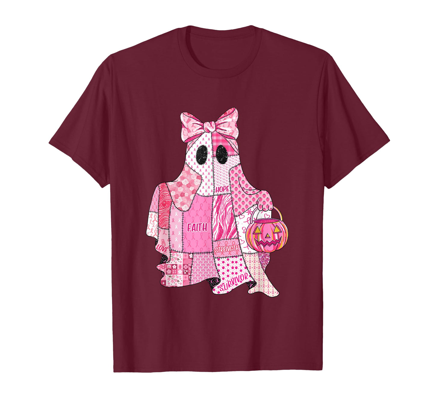 Faith Hope Strength Pink Ghost Bow Breast Cancer Awareness T-Shirt