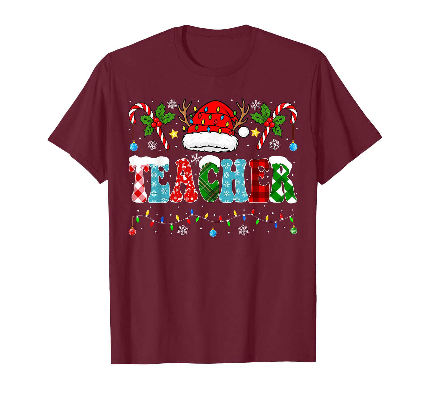 Santa Hat Teacher Christmas Lights Funny Christmas Teacher T-Shirt