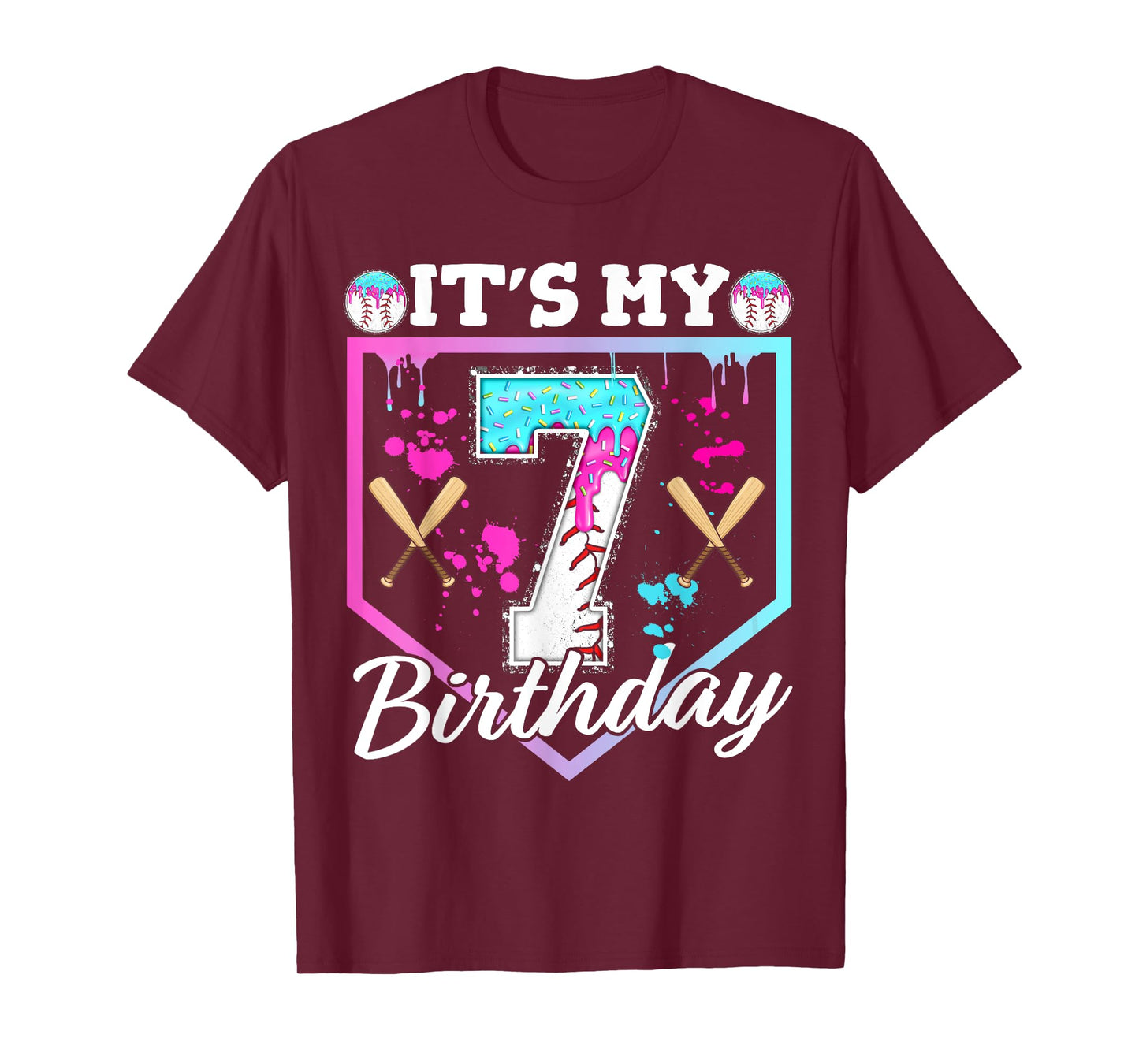 Baseball Drip 7 Year Old Ice Cream 7th Birthday Boy Dripping T-Shirt