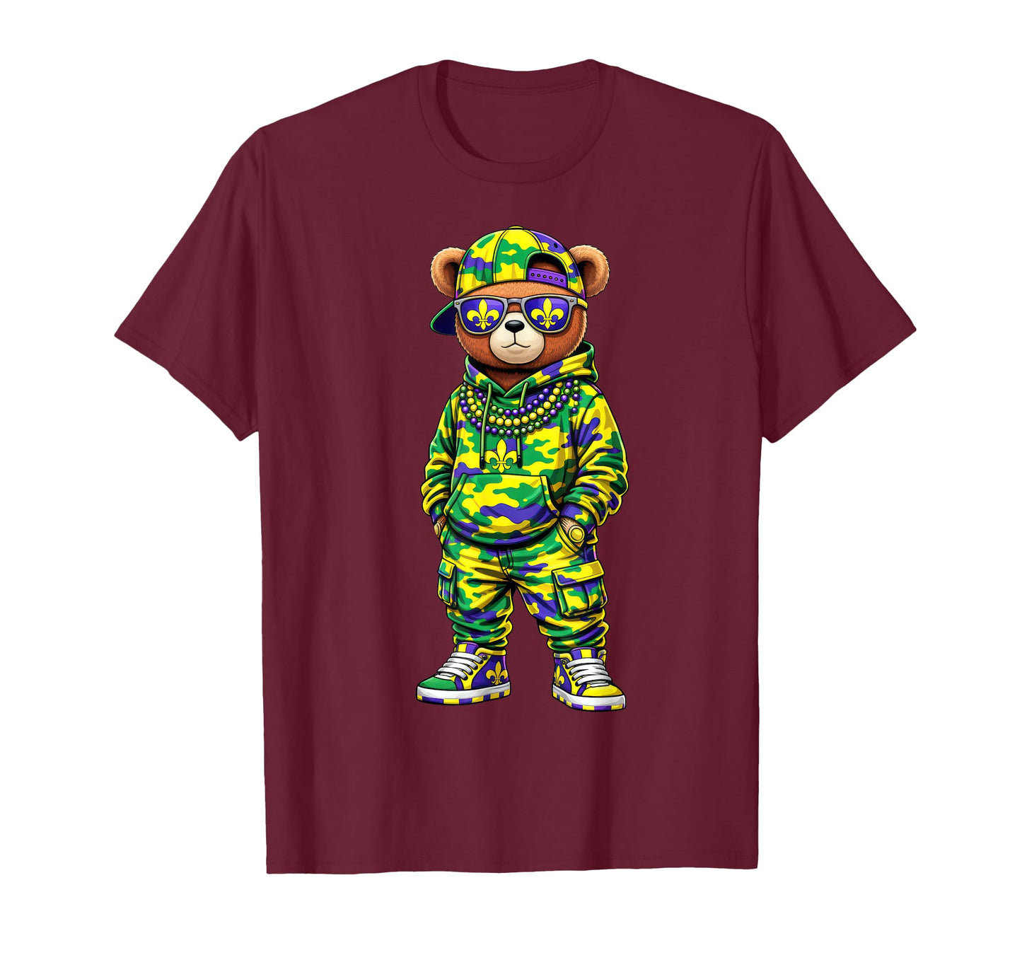 Madi Gras Camo Hip Hop Teddy Bear Cool Rapper Boys Mens Kids T-Shirt