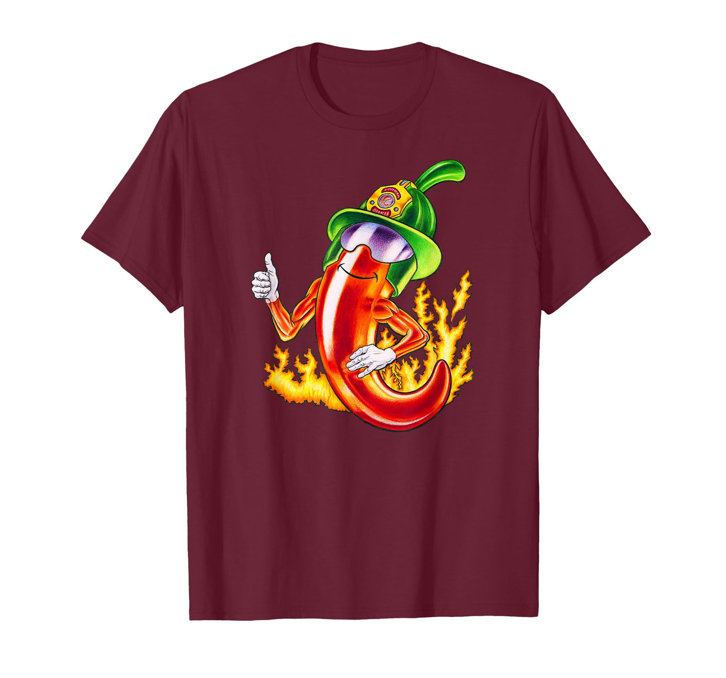 Spicy Firefighter Chili Cartoon Funny Fire Hero Drawing T-Shirt