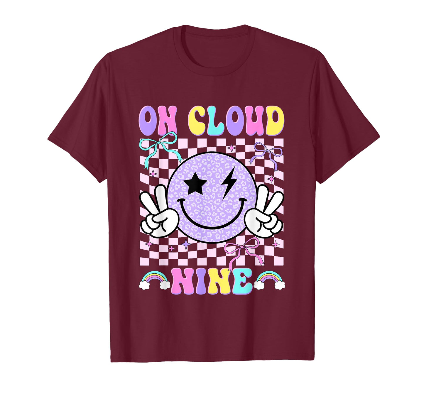 On-Cloud Nine Checkered Smile Face Coquette 9th Birthday Kid T-Shirt
