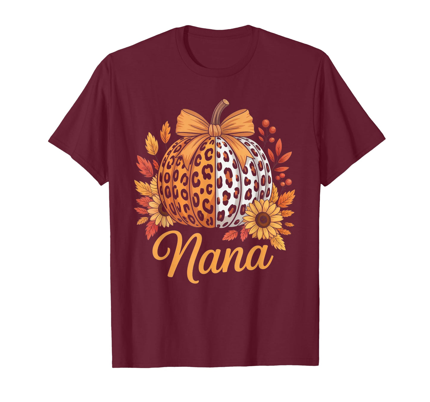 Nana Thanksgiving Leopard Pumpkin Sunflower Coquette Bow Tee T-Shirt