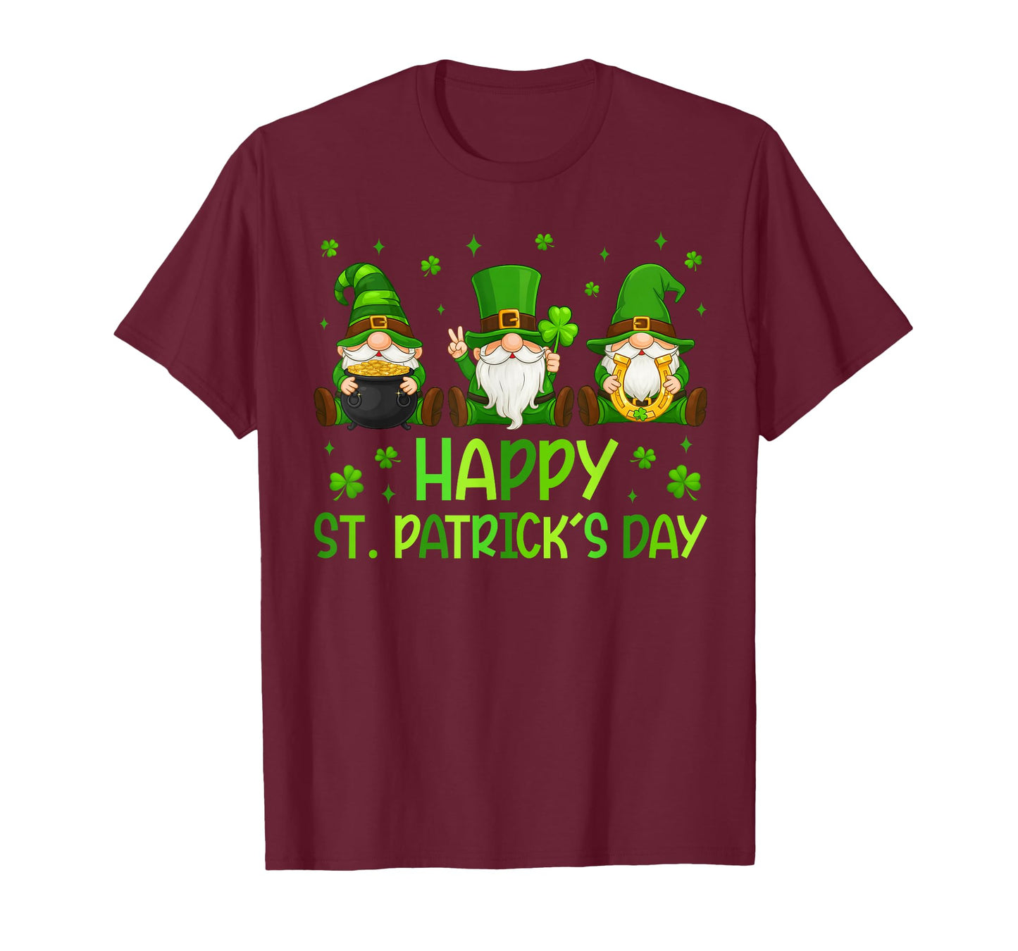 Three Gnomes Holding Shamrock Happy St Patrick's Day Women T-Shirt