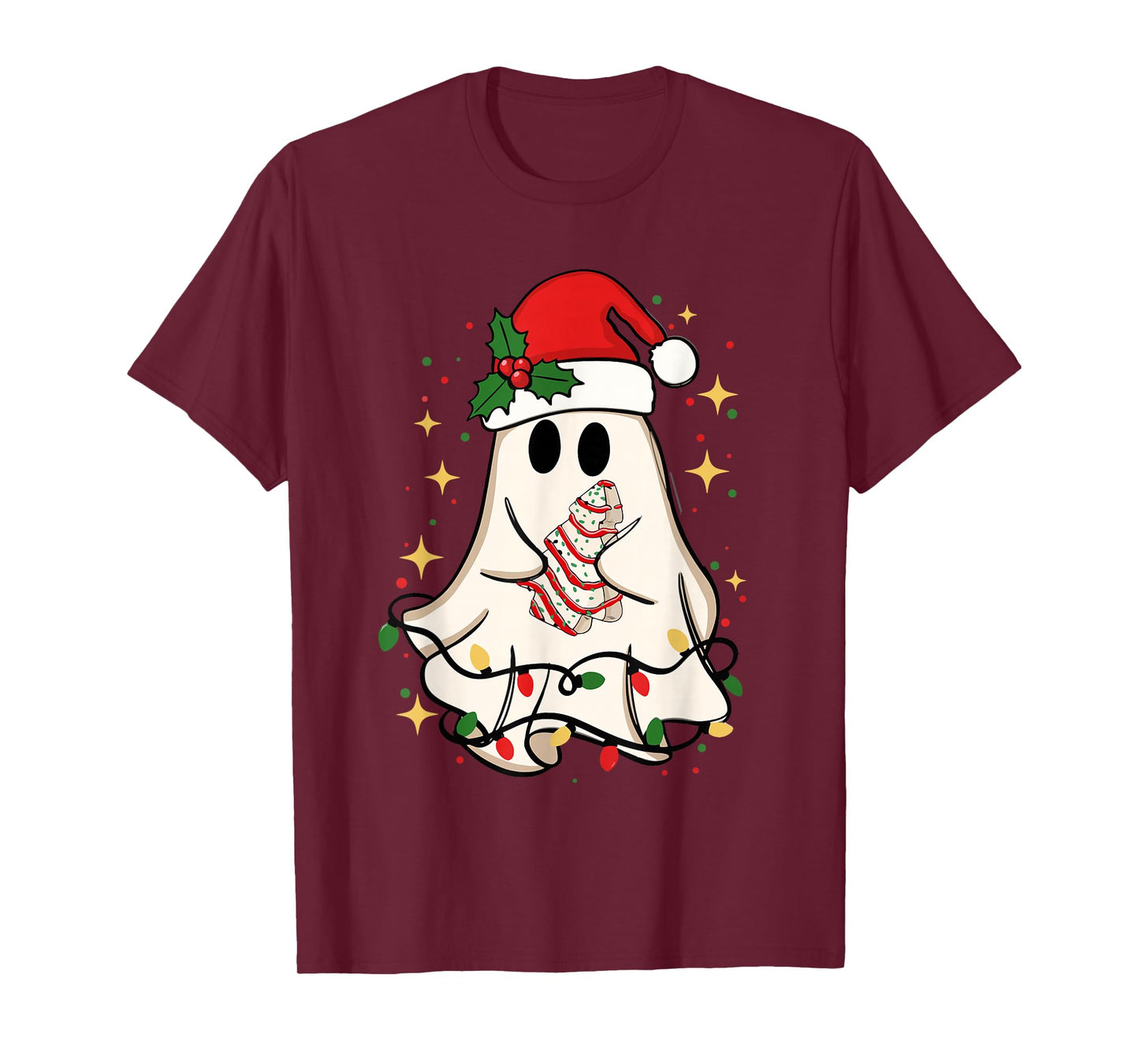 Cute Ghost Lights Tree Cake Merry Christmas Funny Xmas T-Shirt