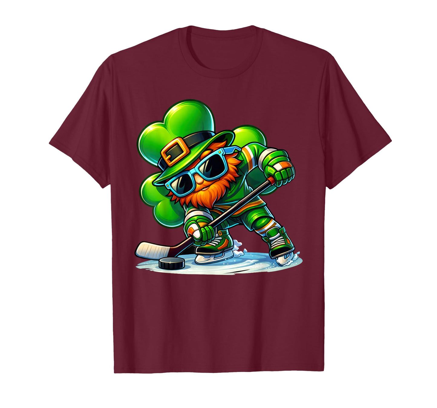 Funny Leprechaun Playing Hockey Men Kids Boys St Patrick Day T-Shirt