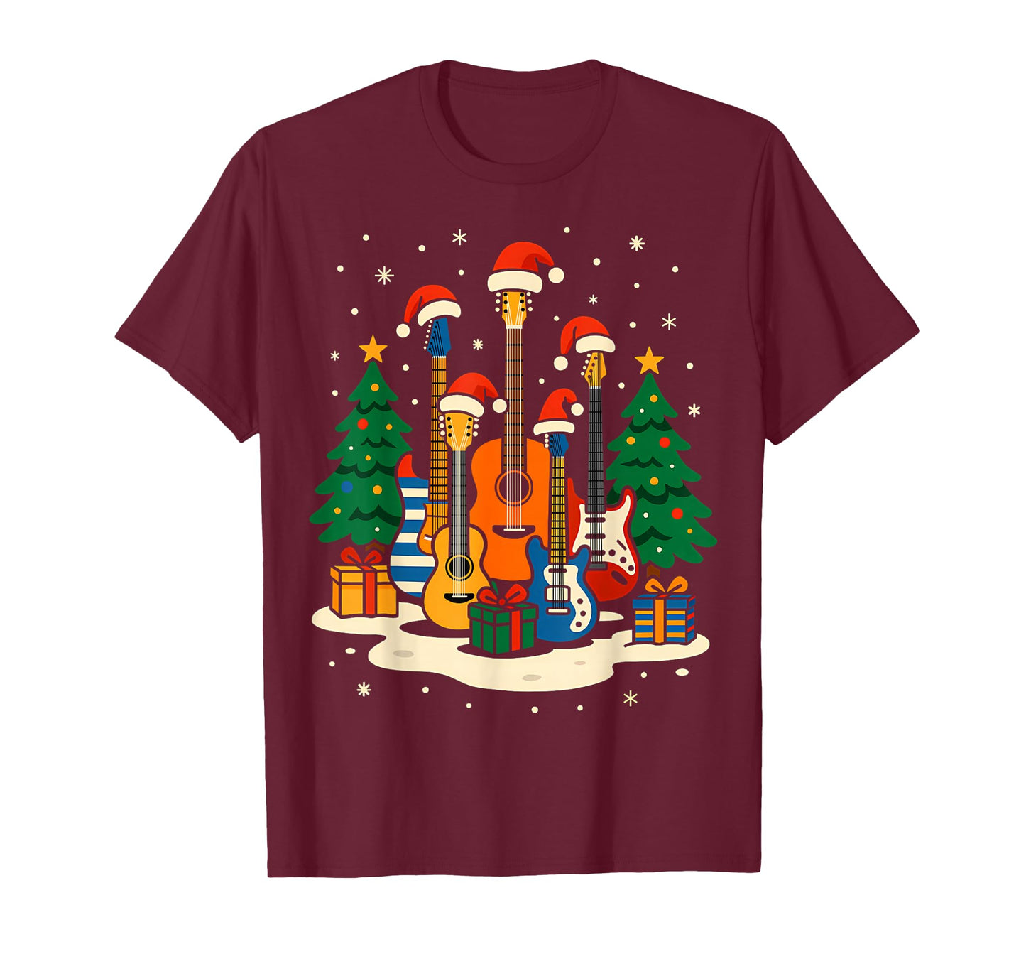 Guitar Santa Hat Christmas Tree Light Funny Music Lover Xmas T-Shirt
