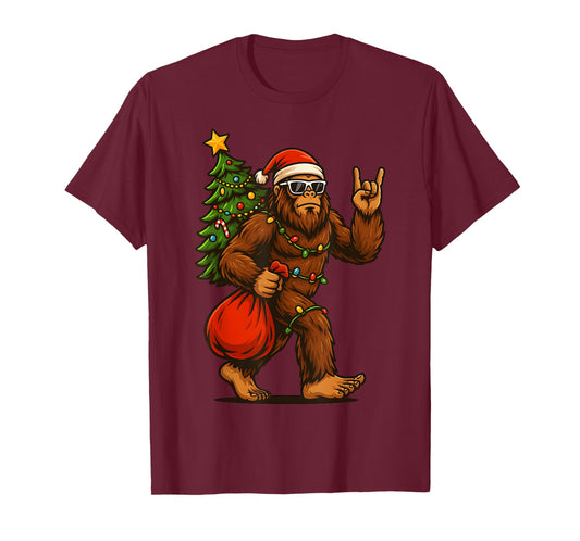 Santa Bigfoot Rock and Roll Christmas Tree Xmas Lights Mens T-Shirt