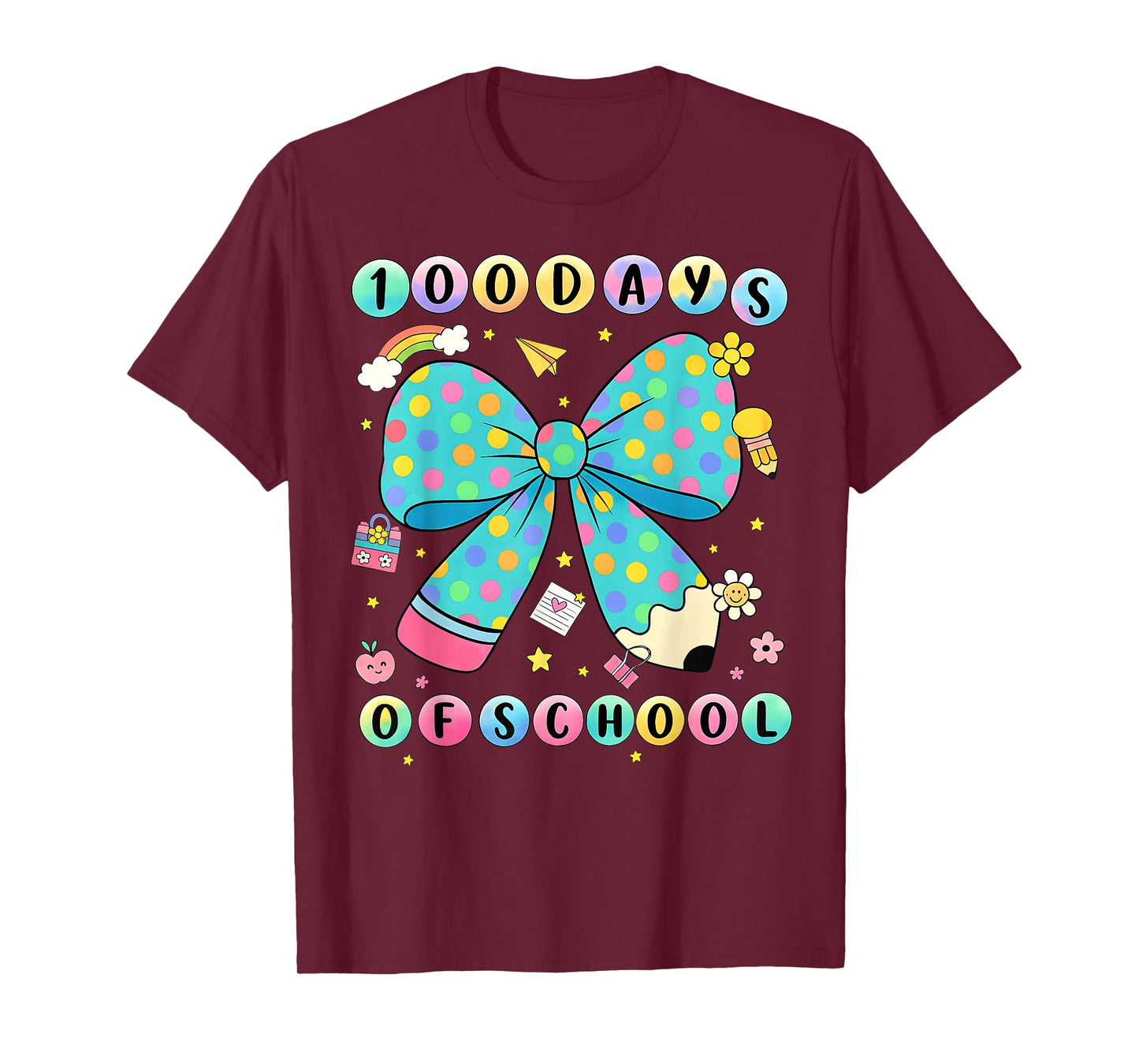 100th Day of School Pencil Dot Coquette Bow Teacher Girls T-Shirt