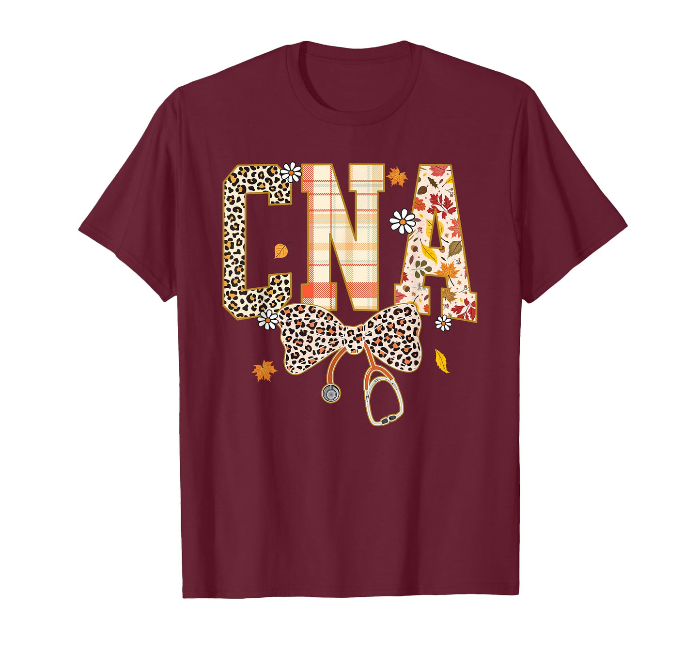 CNA Fall Plaid Leopard Bow Stethoscope T-Shirt