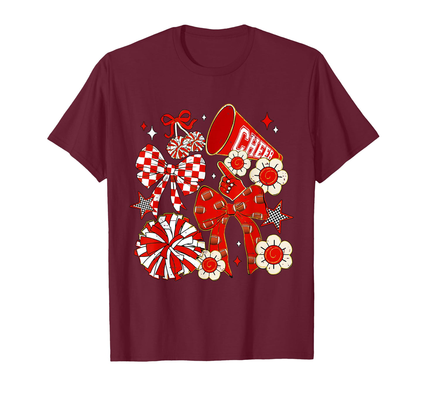 Coquette Bow Red Cheer Mom Game Day Football Cheerleader T-Shirt