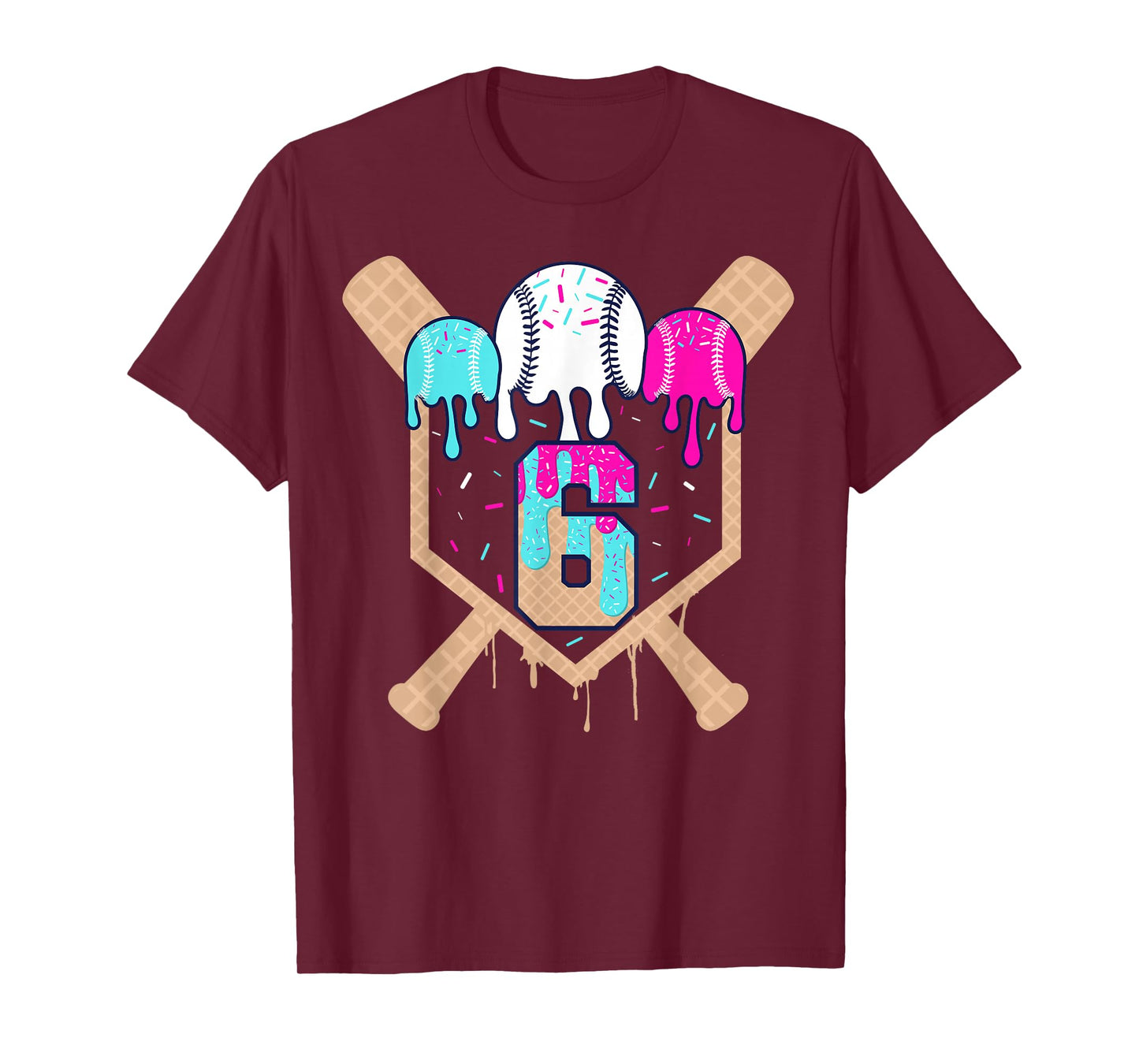 Baseball 6 Year Old Ice Cream Drip 6th Birthday Boy Number 6 T-Shirt