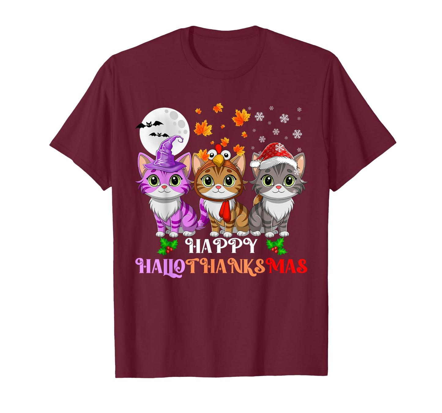 Happy HalloThanksMas Cats Halloween Thanksgiving Christmas T-Shirt