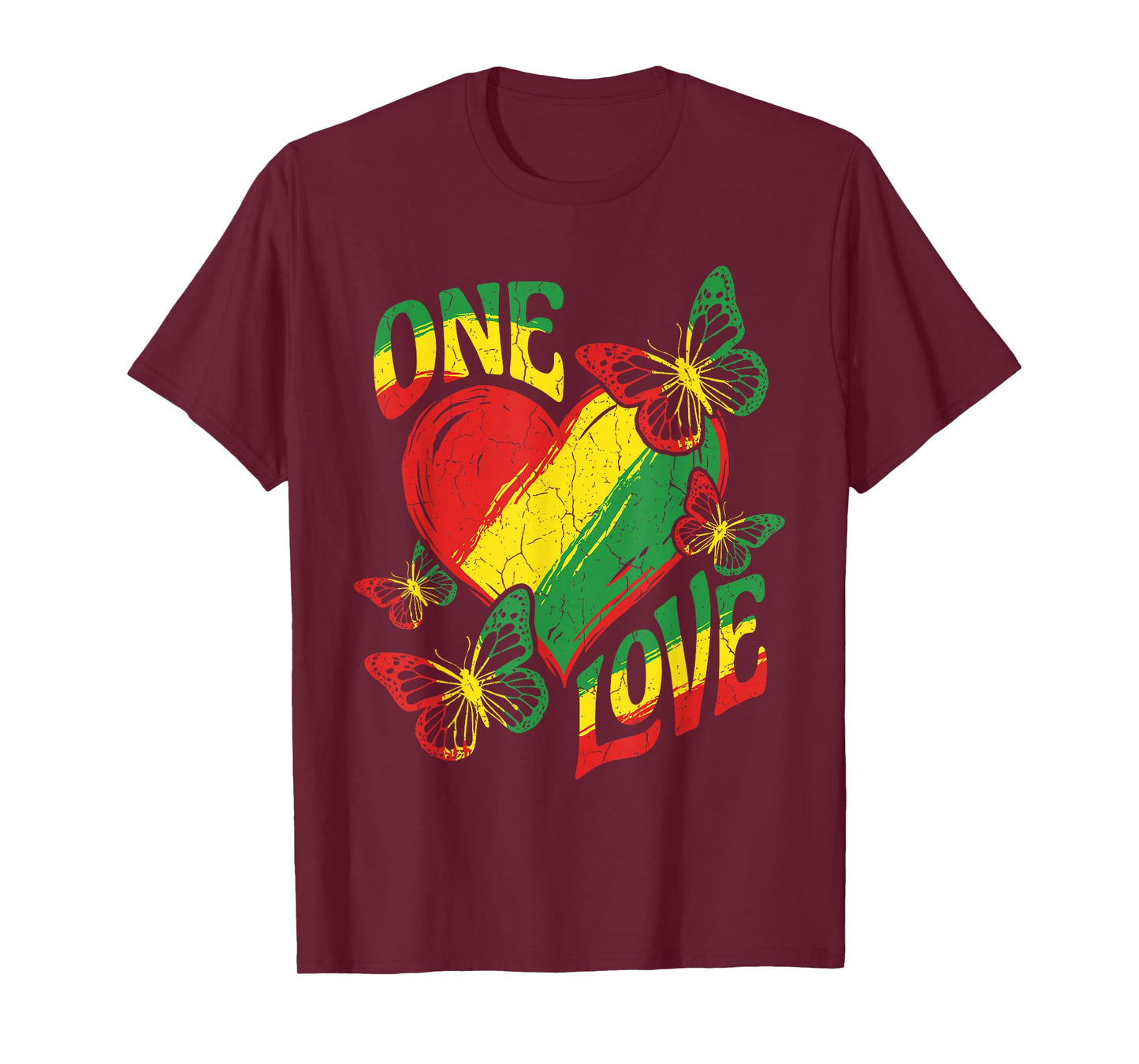 One Love Rasta Heart Red Yellow Green Reggae Butterfly Roots T-Shirt