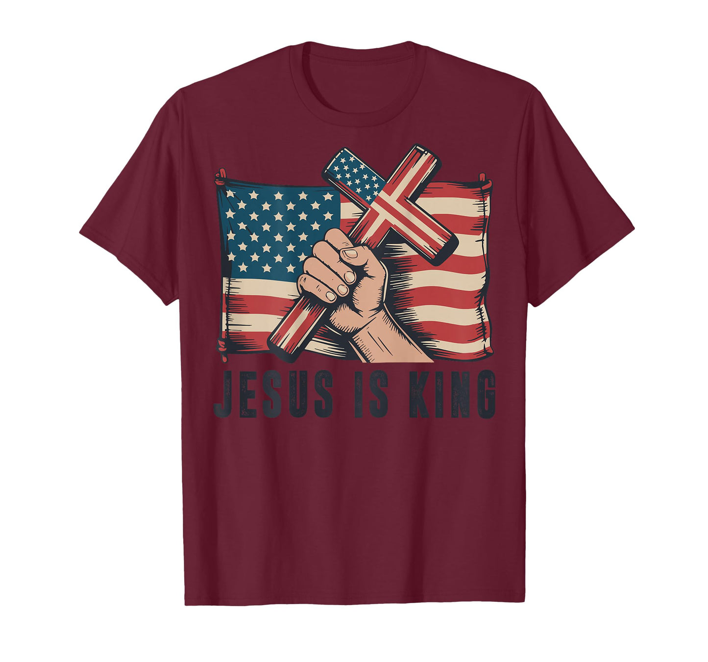 Mens Jesus is King American Flag Christian Patriotic Cross T-Shirt