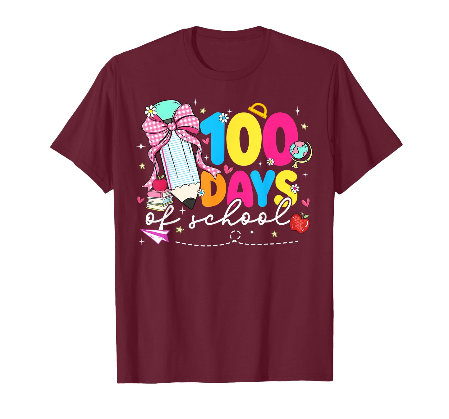 100 Days of School Girl Women Teacher Coquette Pencil Bow T-Shirt