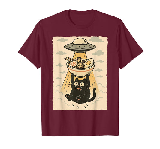 Funny Black Cat UFO Ramen Alien Abduction Graphic Tee Anime T-Shirt