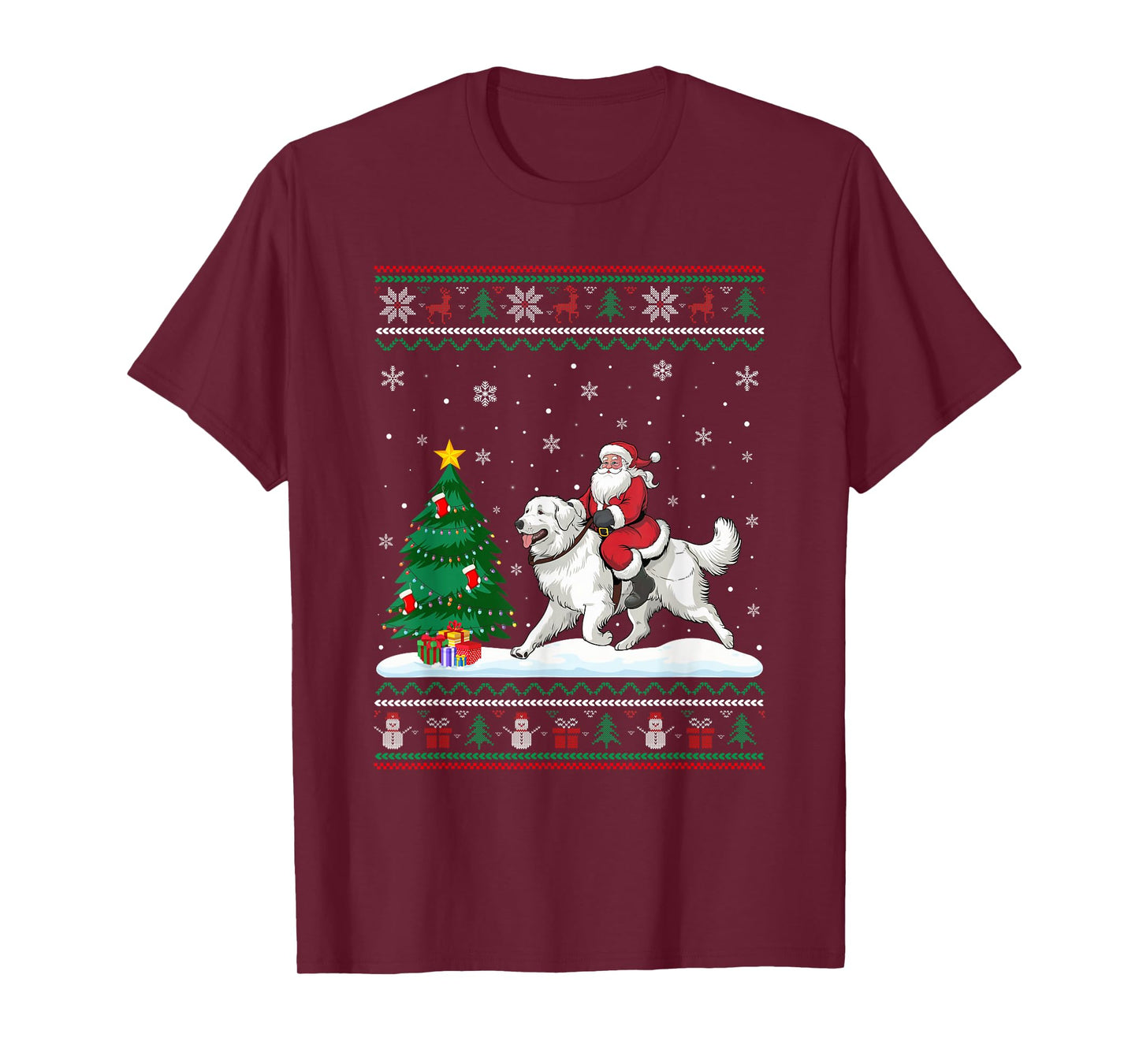 Ugly Christmas Tree Lights Santa Riding Great Pyrenees Dog T-Shirt