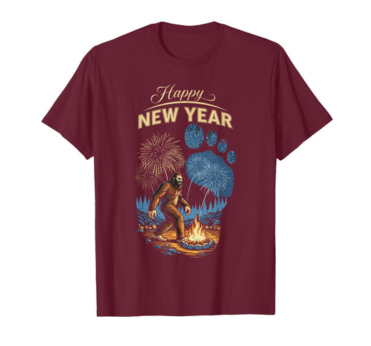 Funny Boys NYE Outfit, Mens Fireworks Bigfoot Happy New Year T-Shirt