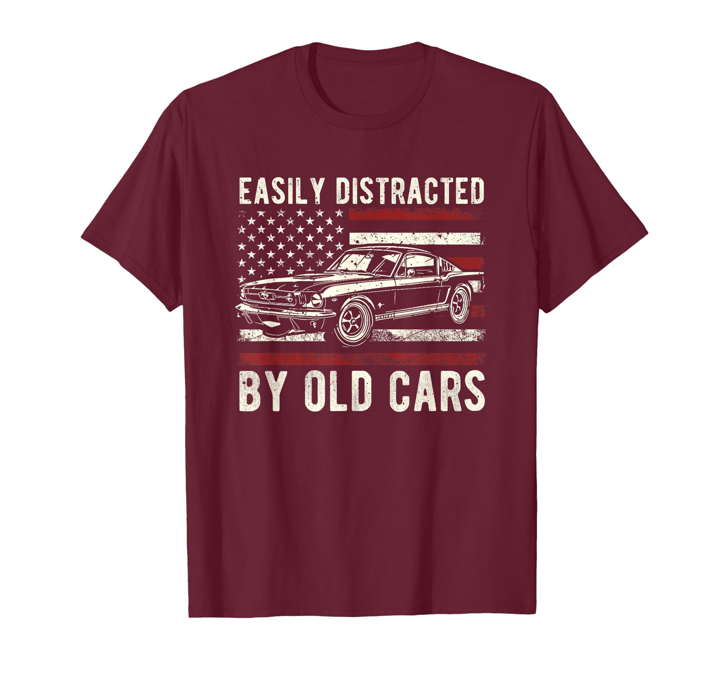 Easily Distracted by Old Cars Classic Vintage American Flag T-Shirt