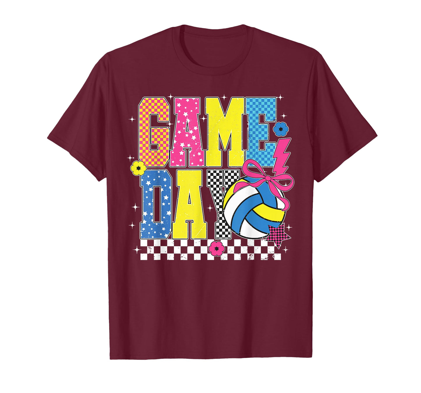 Game Day Volleyball Checkered Funny Volleyball Coquette Bow T-Shirt