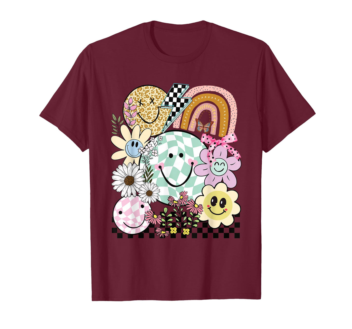 Funny Checkered Happy Smiling Smile Face Daisy Flower Girl T-Shirt