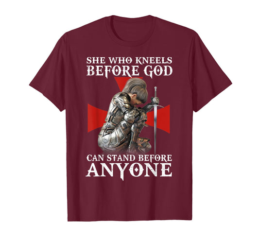 Women Knight Templar Warrior Kneels Before God T-Shirt