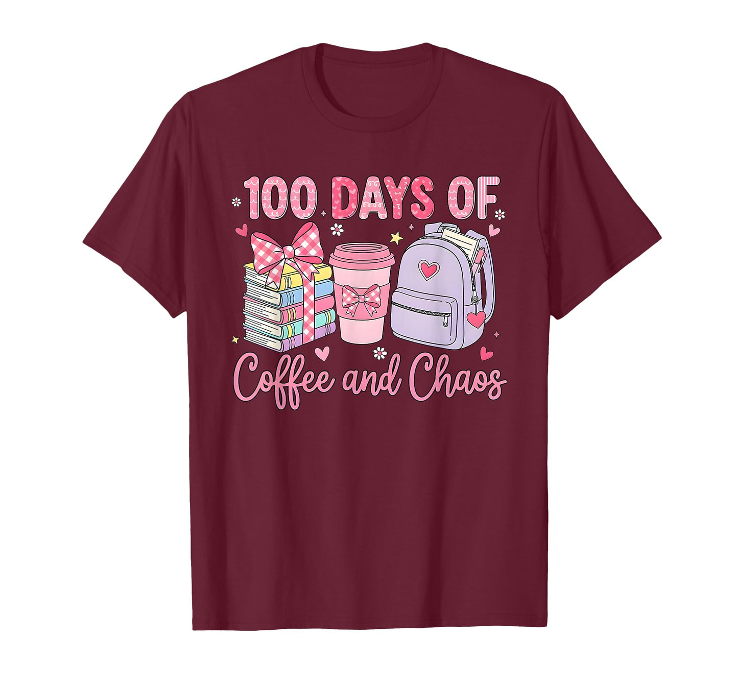 100 Days of Coffee and Chaos School Teacher 100th Day Bow T-Shirt