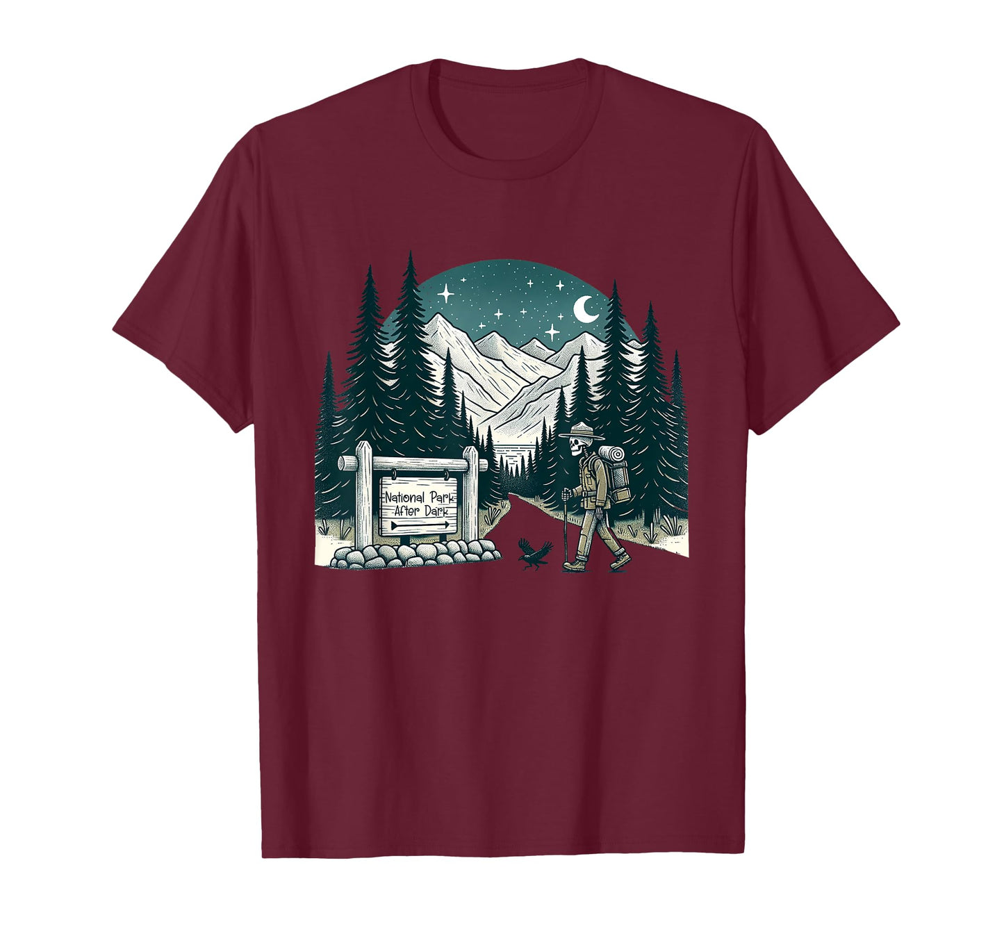 Vintage Retro National Park After Dark Skeleton Hiking Camping Outdoor T-Shirt, Small