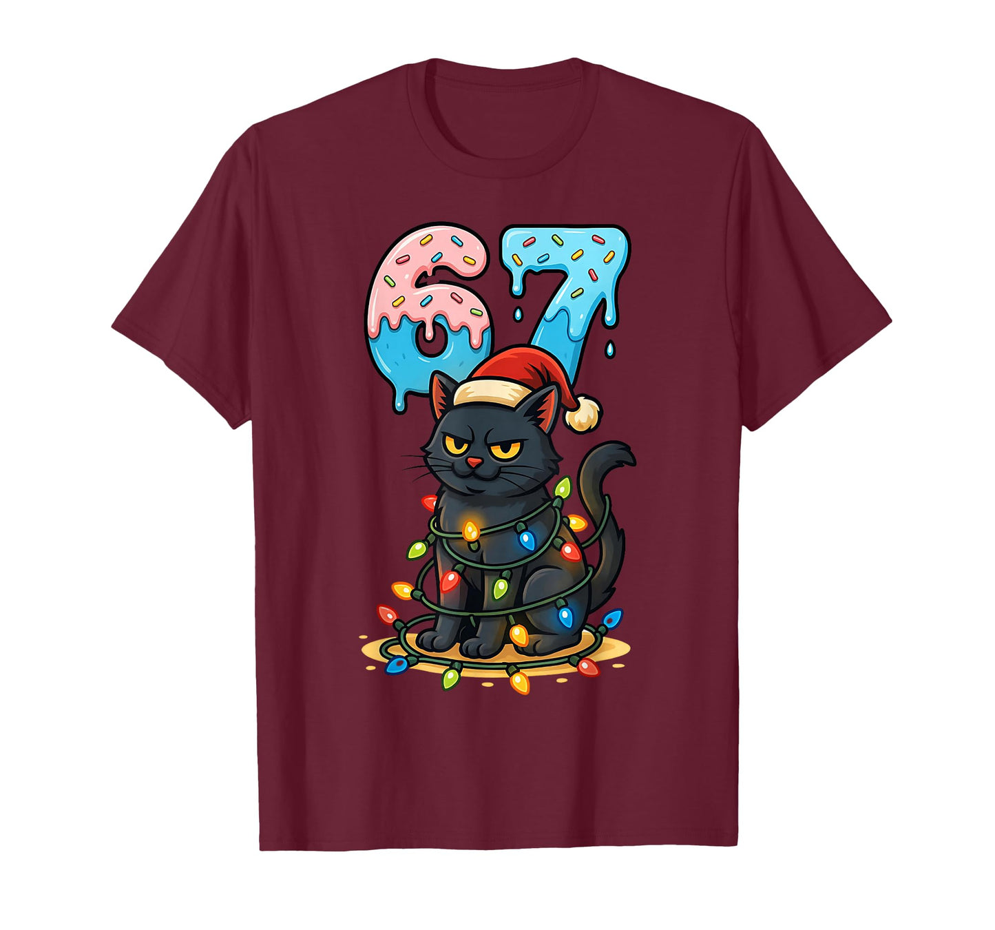 67 Black Cat Santa Hat Christmas Lights Drip for Girls Women T-Shirt