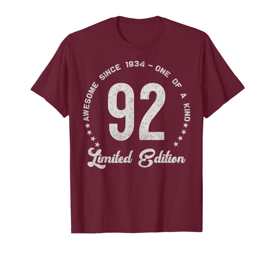 92 Year Old Gifts Vintage 1934 Limited Edition 92nd Birthday T-Shirt