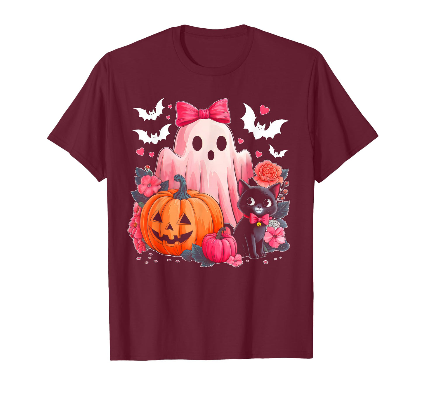 Cute Floral Pink Ghost Pumpkin Black Cat Halloween Costume T-Shirt