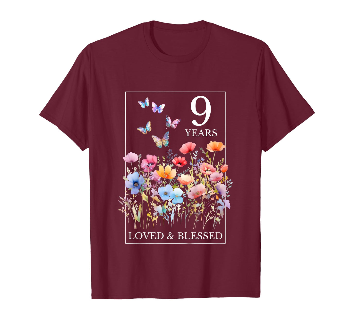 9 Years Loved Blessed Butterfly Flower Stamp 9th Birthday T-Shirt