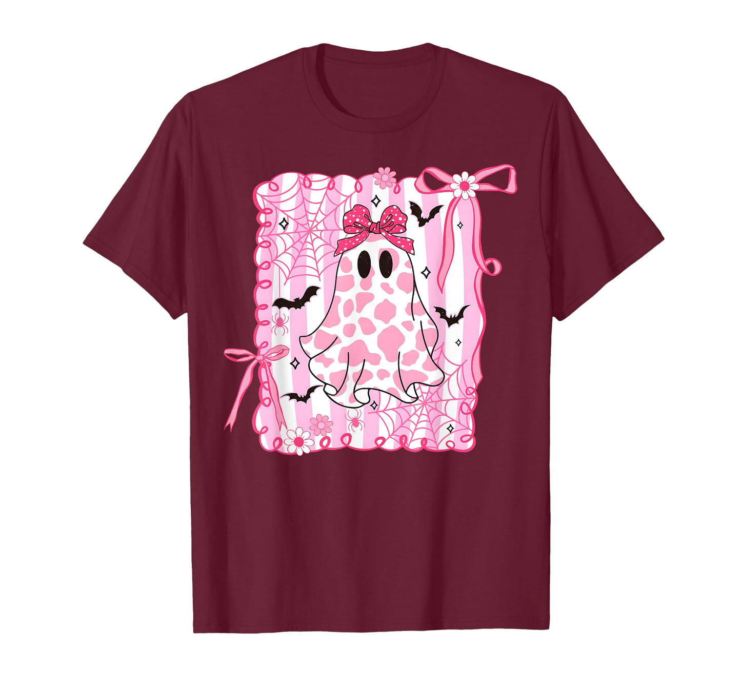 Cute Ghost Coquette Pink Bow Cow Print Halloween Spooky T-Shirt