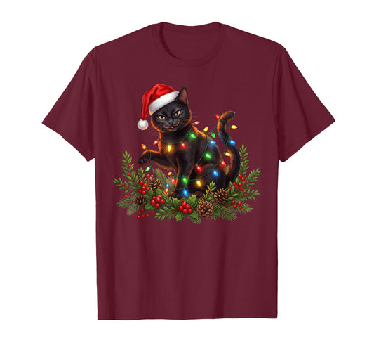 Black Cat Christmas Santa Hat Funny Meowy Cats Women Men T-Shirt