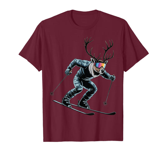 Funny Skiing Reindeer Ski Winter Sport Snowboarder Skier T-Shirt