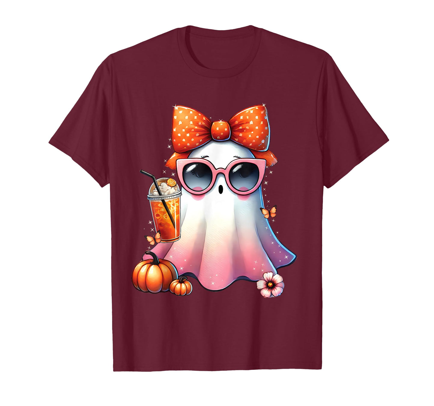 Cute Ghost Drinking Coffee With Halloween Bow Women Girls T-Shirt