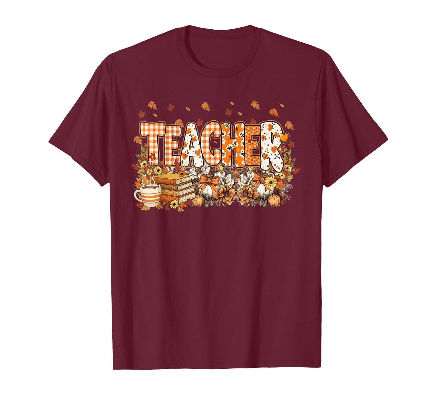 Autumn Pumpkin Thanksgiving Coffee Floral Teacher Fall T-Shirt