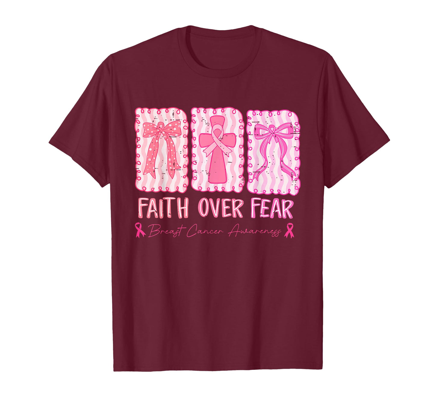 Retro Faith Over Fear Breast Cancer Awareness Pink Ribbon T-Shirt