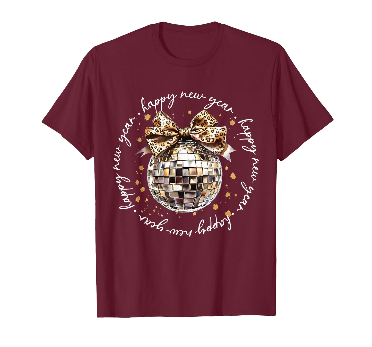 Happy New Year 2026 Disco Ball Leopard Pattern Bow Groovy T-Shirt