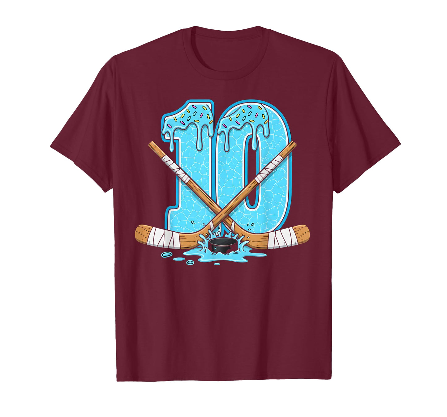 10 Year Old Hockey Ice Cream Drip Youth 10th Birthday Boys T-Shirt