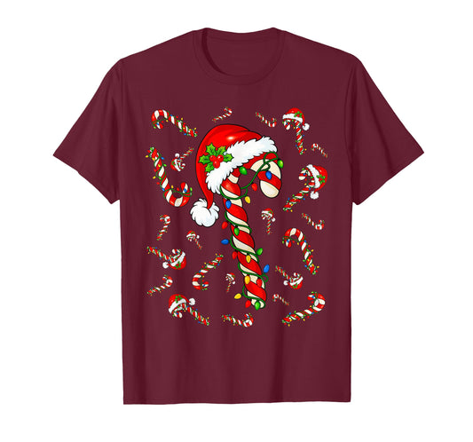 Red and White Candy Cane Santa Christmas Xmas Lights T-Shirt